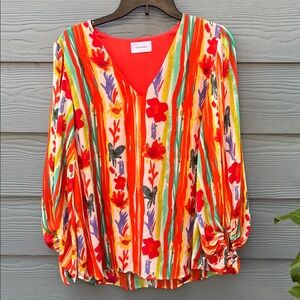 Adrienne Bold Patterned Orange Blouse with 3/4 Sleeves and Graphic Design